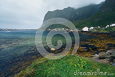 Scenic fjord on Lofoten islands towering mountain peaks Stock Photo